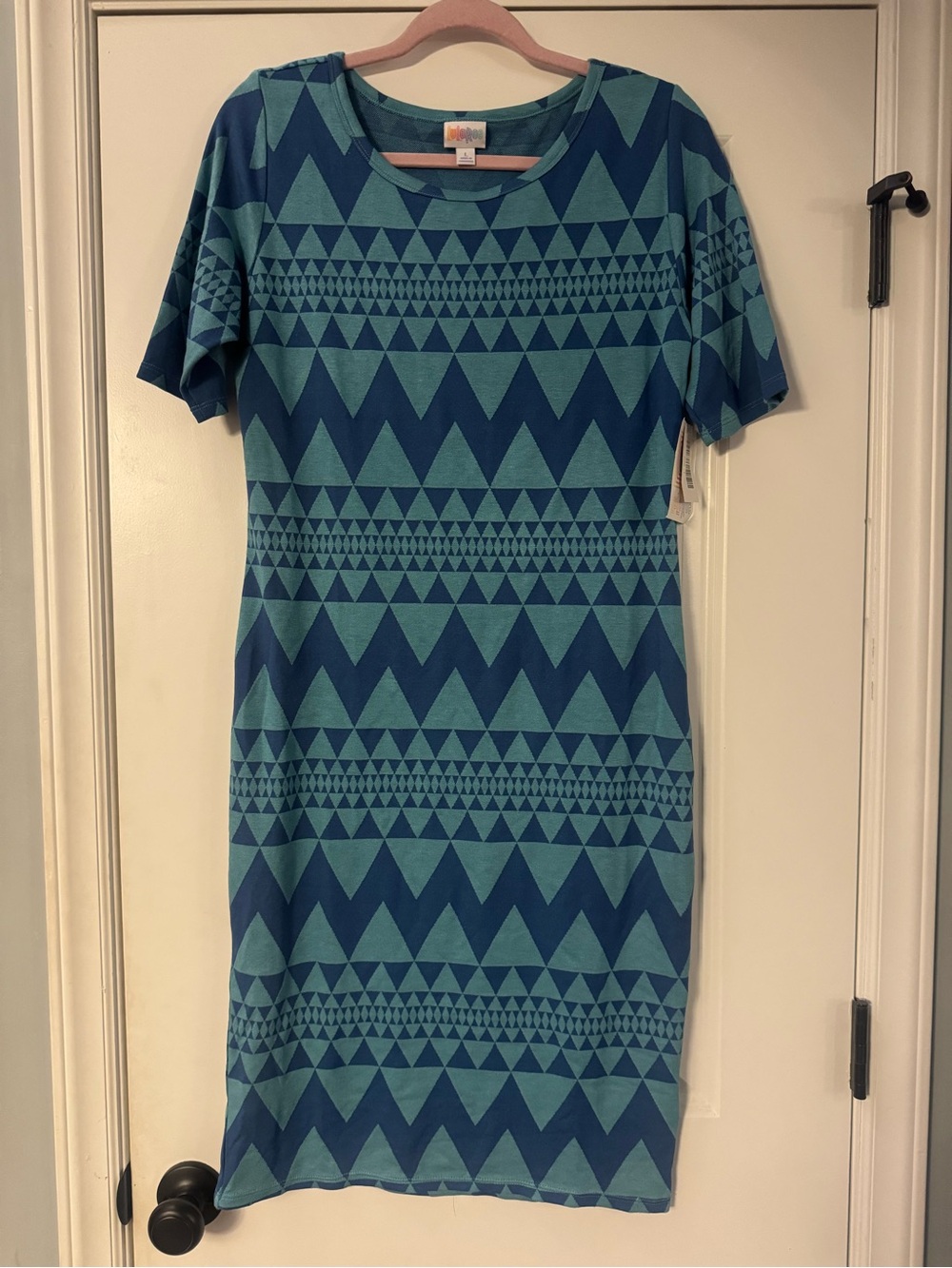 LuLaRoe Julia Blue Geometric Short-Sleeve Shift Dress Large